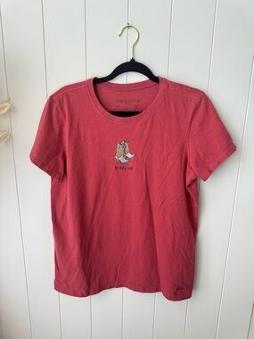 Life is Good Red Giddy Up Cowboy Boots T-Shirt 100% Cotton Short Sleeve Women L